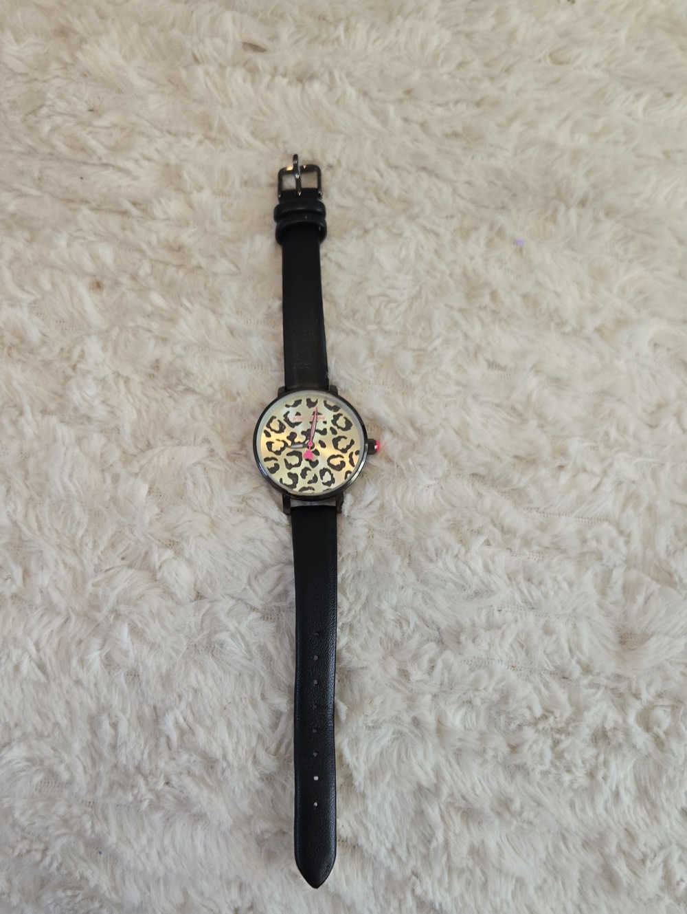 Betsey Johnson Black Strap Watch with Leopard-Print Dial